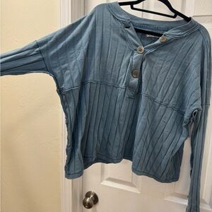 Blue Button-Up Ribbed Top
